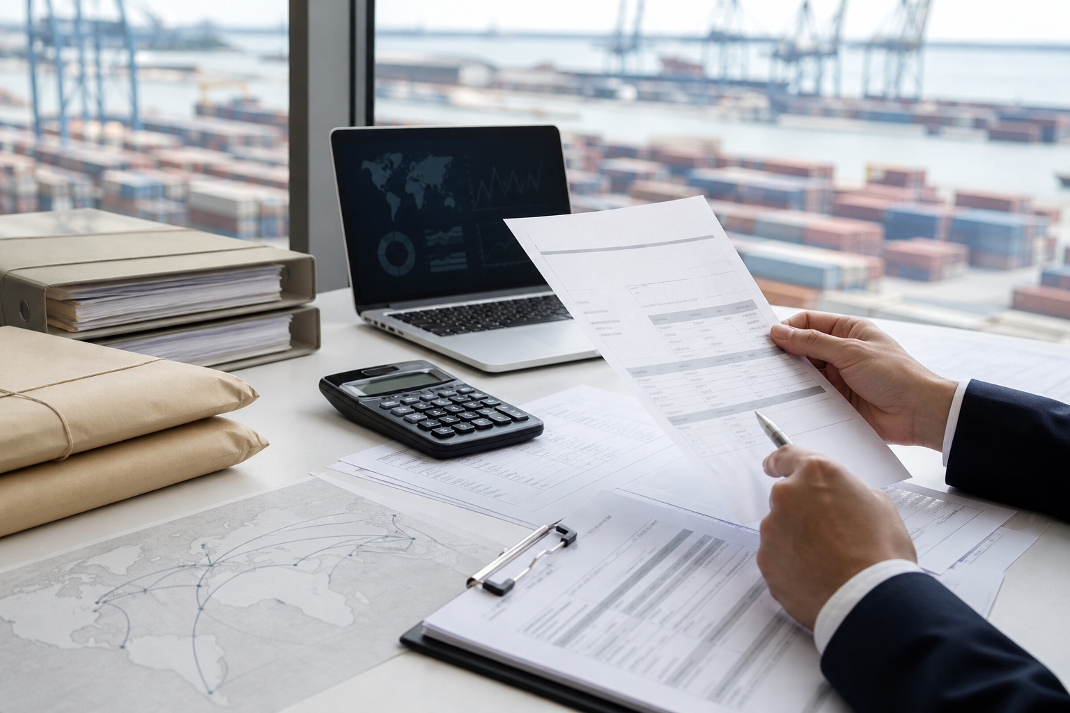 International trade documents and shipment planning beside a port